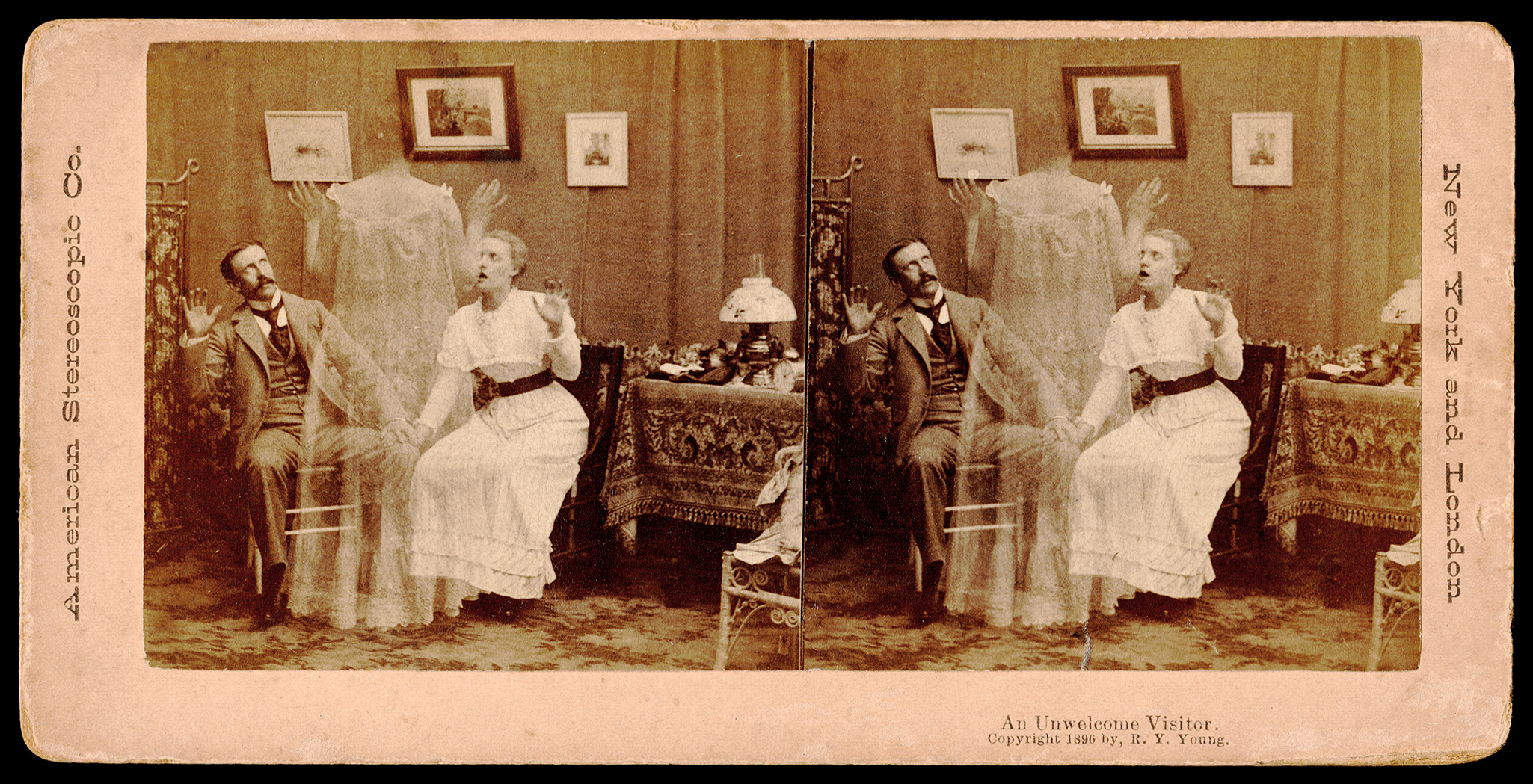 Stereoscopic <em>ghost</em> photograph depicting a late Victorian couple confronted by an apparition.