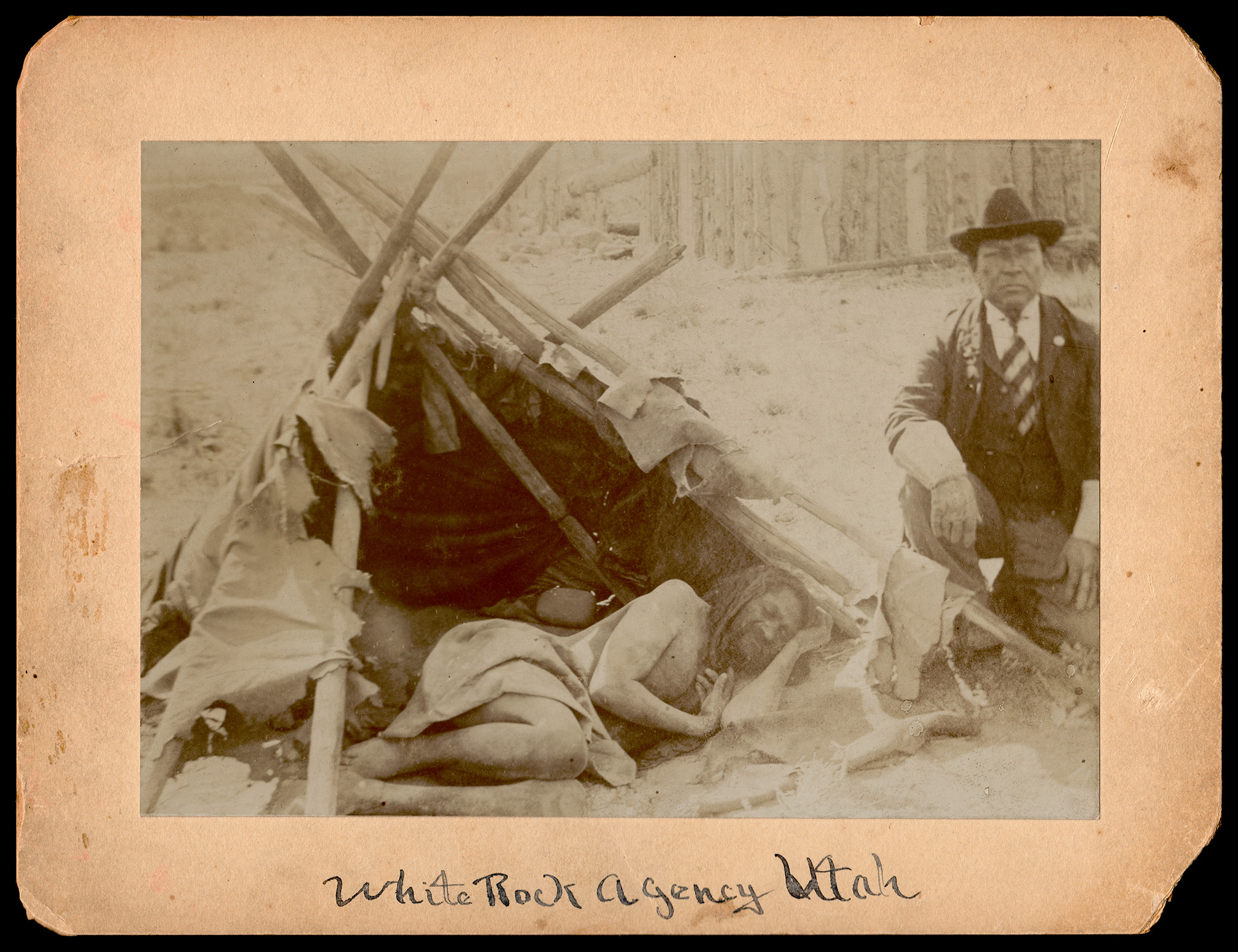 Photographic cabinet card depicting Inneputs, a Native American of the Ute people who lived reclusively in defiance of the Uintah Reservation.