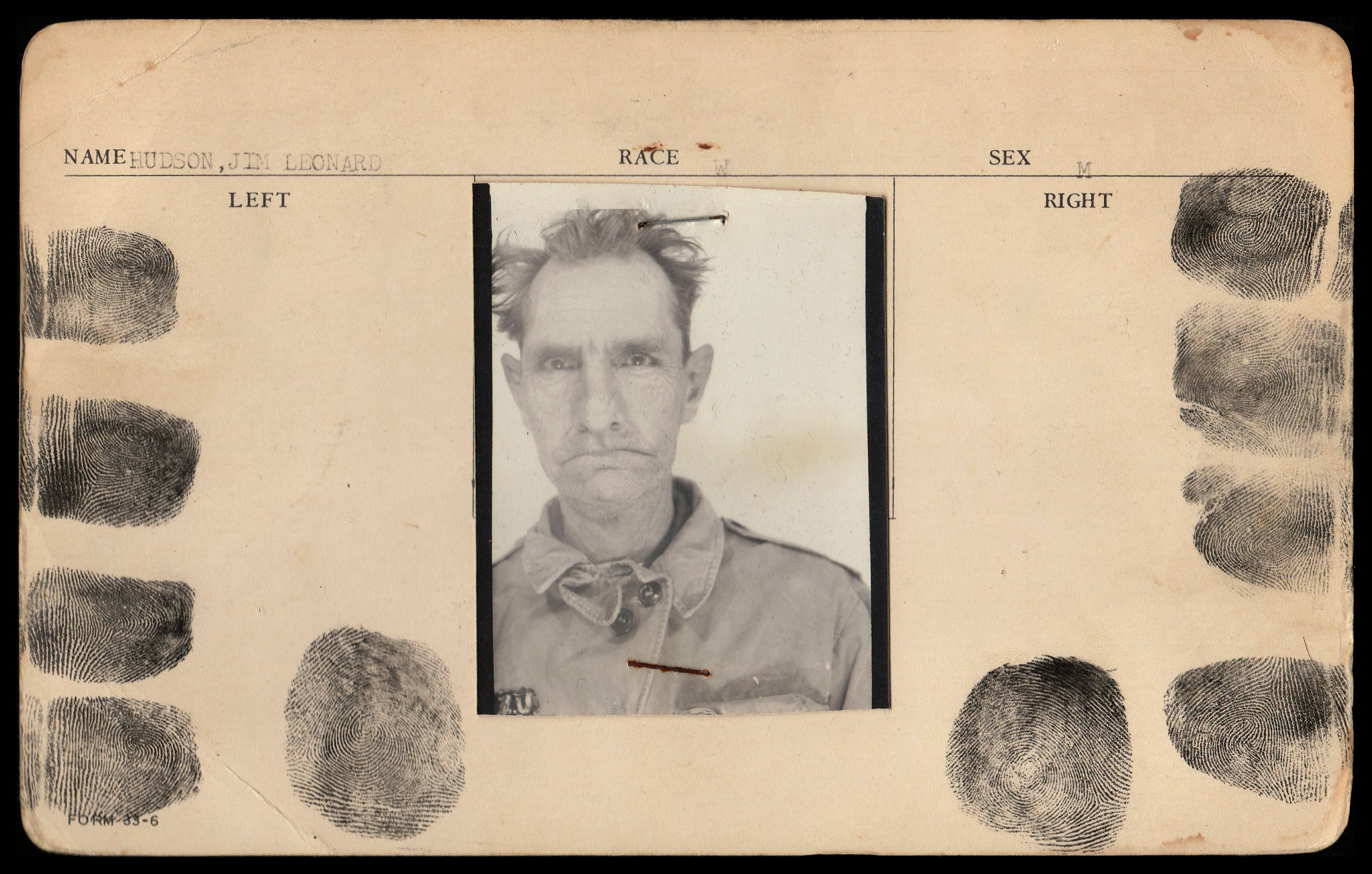 Mug-shot and fingerprint card of Jim Leonard Hudson from the Atlanta Prison Farm.