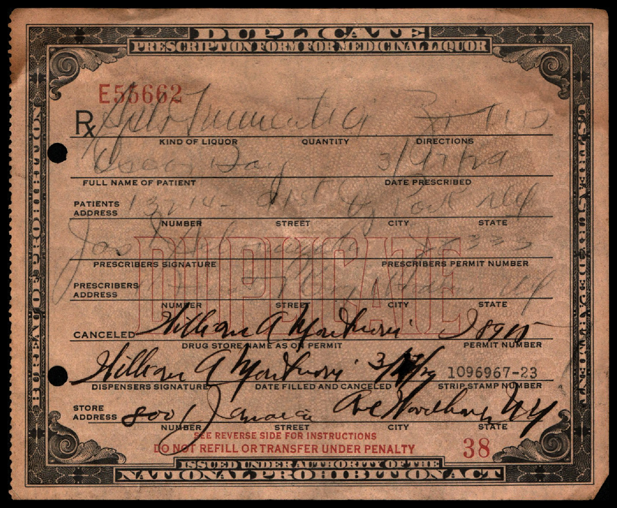 National Prohibition Act prescription for 1 pint of whiskey. Type of liquor is specified as "Spts (spiritus) Frumenti," literally "the spirit (or life) of grain." Prescribed to Oscar Day on March 17th, 1929.
