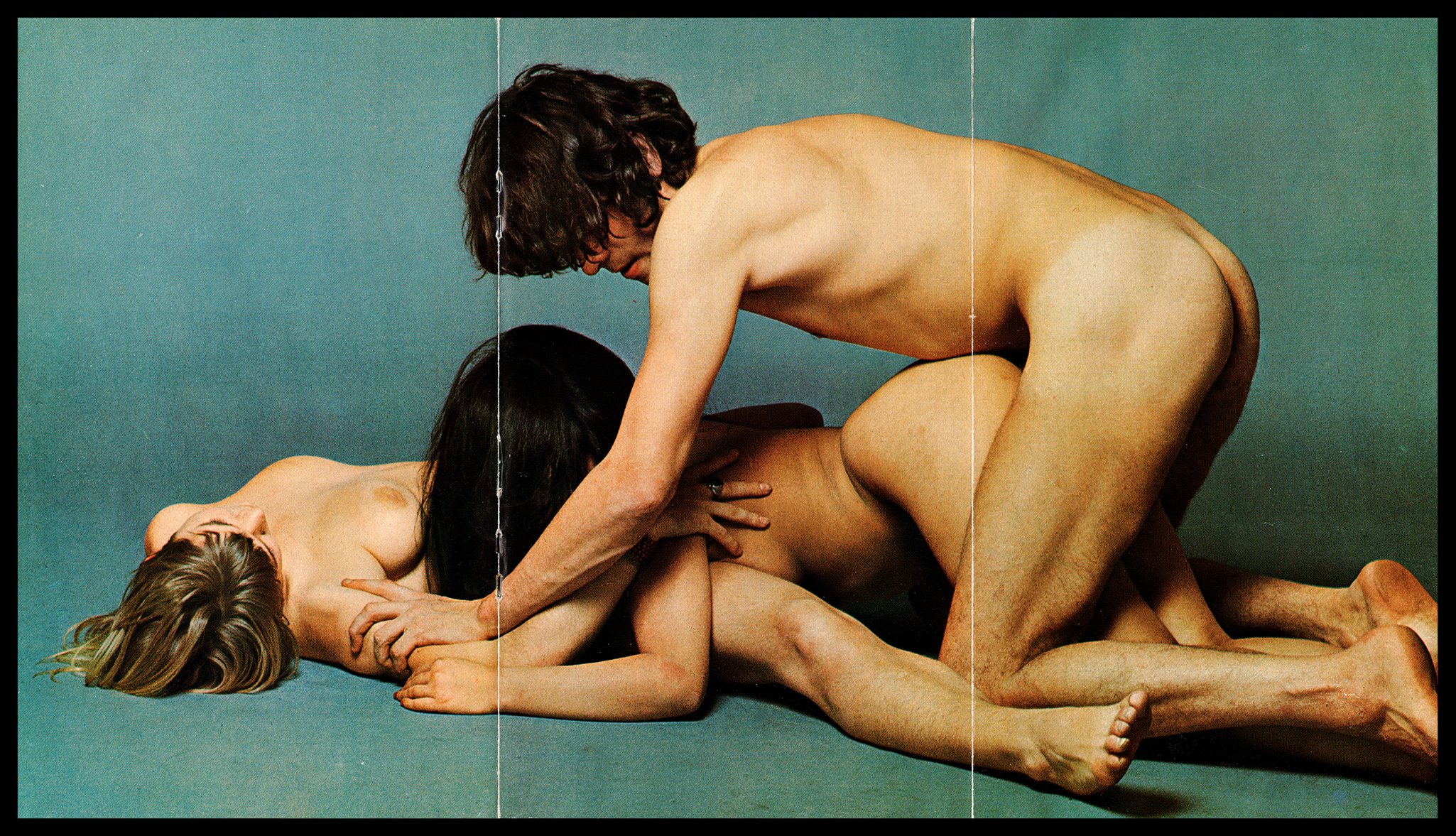 Centerfold from the Dutch pornographic periodical, "Variant," depicting a threesome. Volume 1, Number 4, 1970, "Sex in de Sauna."